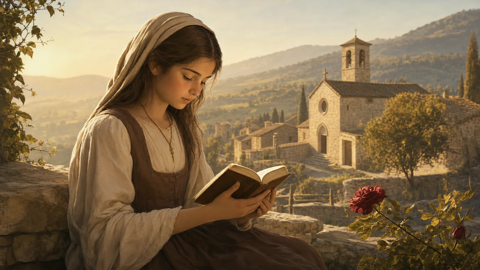 Ilustração devocional de Santa Rita jovem em Roccaporena, com igreja ao fundo.