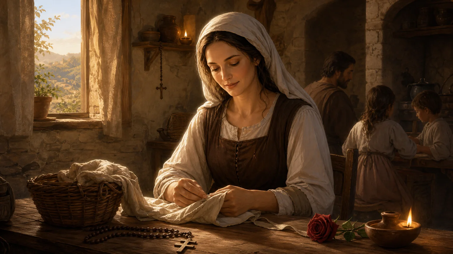 Ilustração devocional de Santa Rita em ambiente familiar simples, em atitude serena de oração e cuidado.