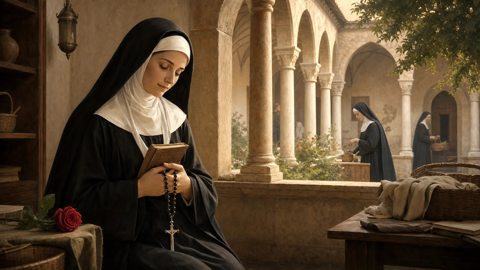 Ilustração devocional de Santa Rita como monja agostiniana em um claustro de Cássia.