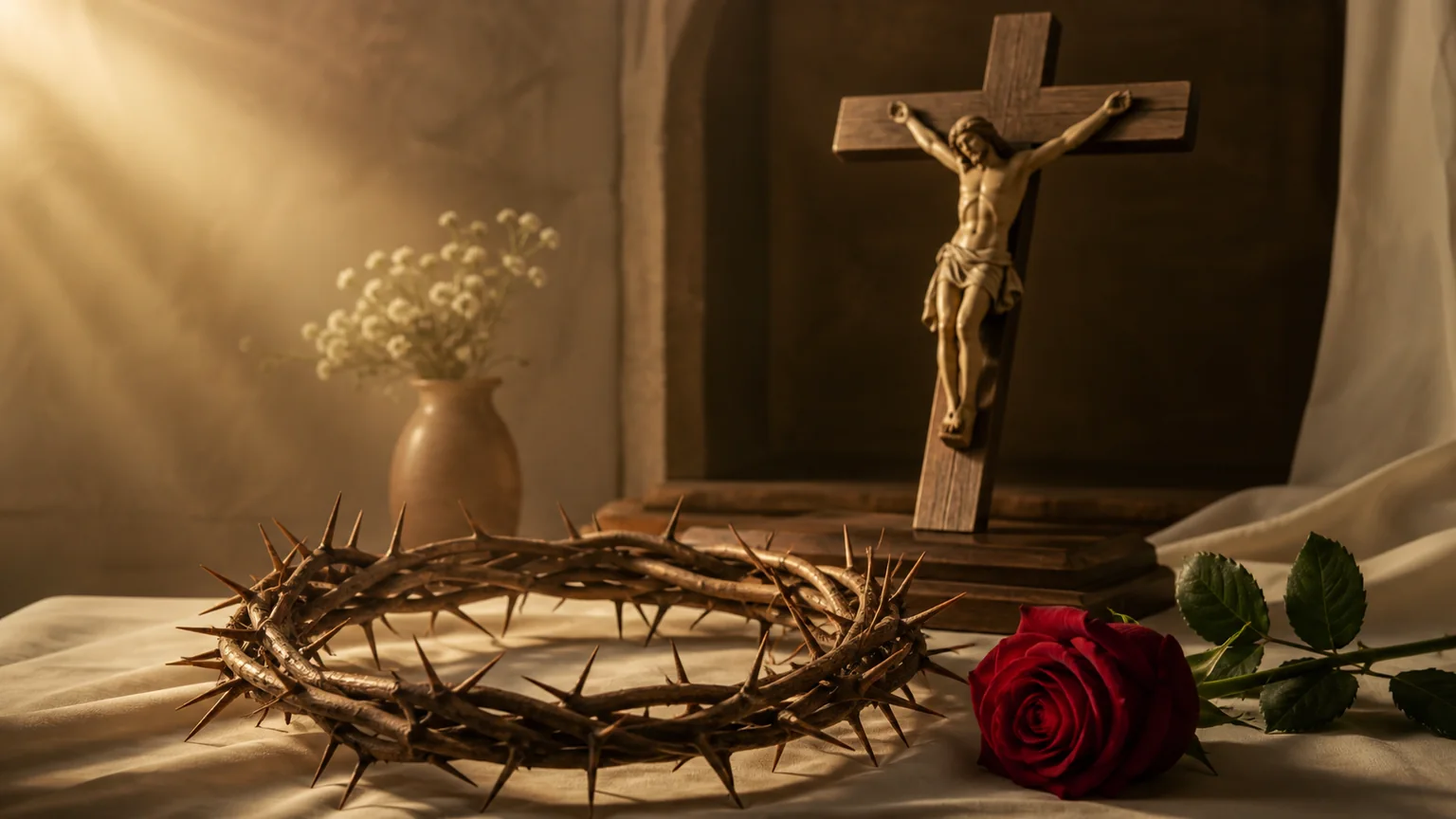 Ilustração contemplativa de crucifixo, coroa de espinhos e rosa, símbolo da participação de Santa Rita na Paixão de Cristo.