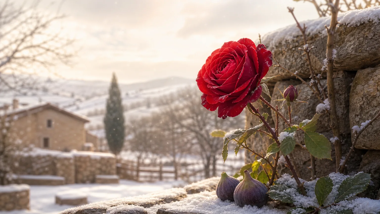 Ilustração de uma rosa vermelha florescendo no inverno, símbolo de esperança na devoção a Santa Rita.